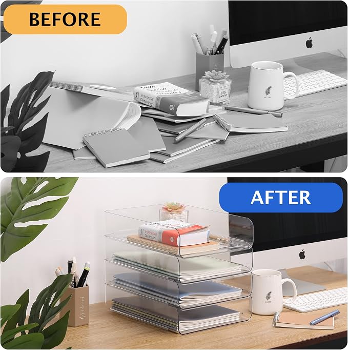 CiWiVOKi Set of 4 Office Organization and Storage, Clear PET Letter Tray Desk Organizer, Stackable Paper Tray Organizer for Desk Accessories, Notes, Pens, File Paper, Document