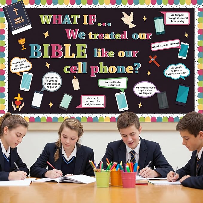 Religious Bible Bulletin Board Set Jesus Sunday School Classroom Decoration Christian Cell Phone Bulletin Board Inspirational Religious Bible Cell Phone Cutouts for VBS Church Chalkboard Wall Decor