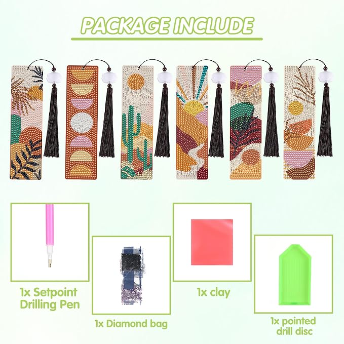 Boho Diamond Painting Bookmark Kit: 6PCS Aesthetic Diamond Art Bookmarks with Tassels, Bohemian Diamond Art Book Marks, DIY Craft Gift for Book Lovers, Reading Accessories for Adults & Kids