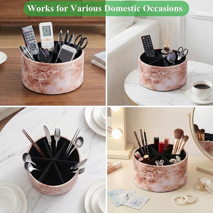 Remote Control Holder, 360°Spinning PU Leather Desk TV Remote Caddy,Desk Storage Box Room Accessories for Controller, Media,Mail,Calculator, Mobile Phone,Pencil(1-Big Marble Pink)