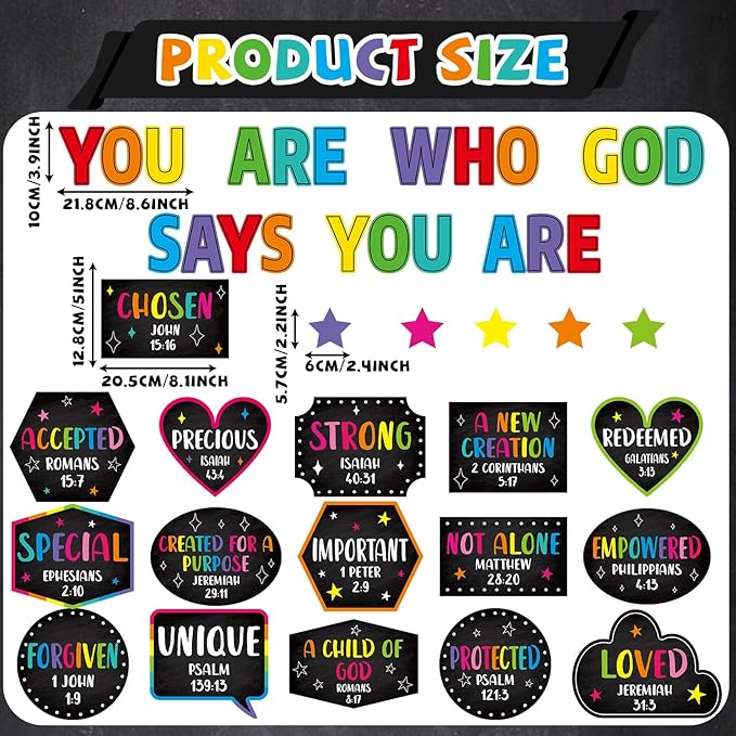Qyeahkj Christian Bulletin Board Decorations God Says You Are Religious Classroom Wall Decor Colorful Motivational Quote Cutout Inspirational Bulletin Board Sets for Sunday School Home Church Supplies