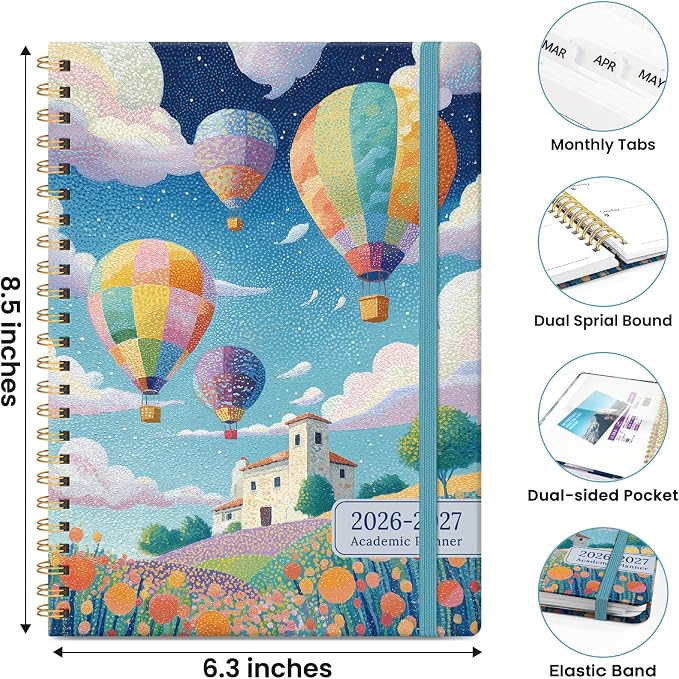 Planner 2026–2027, Academic Planner Weekly and Monthly Calendar Jul 2026 – Jun 2027 Hardcover Planner with Tabs and Pocket, Spiral Bound Agenda Book for Student & Teacher, 6.3" x 8.5", Balloon Valley