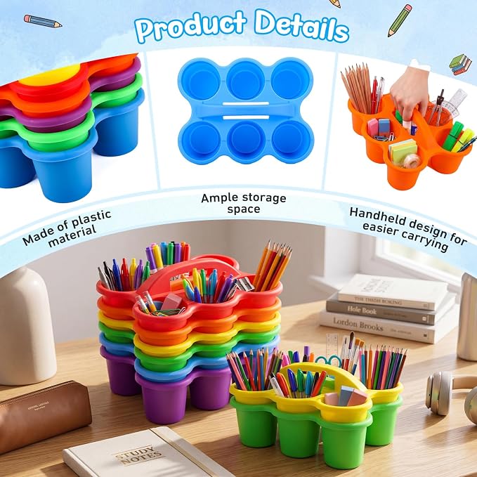 Novabright 12 Pack Classroom Caddy, Stackable Plastic Caddy Storage Basket with Handle for Kids, Table Desk Office Arts, Crafts, Crayon, Marker, Pencil, School Supplies (Assorted Colors)