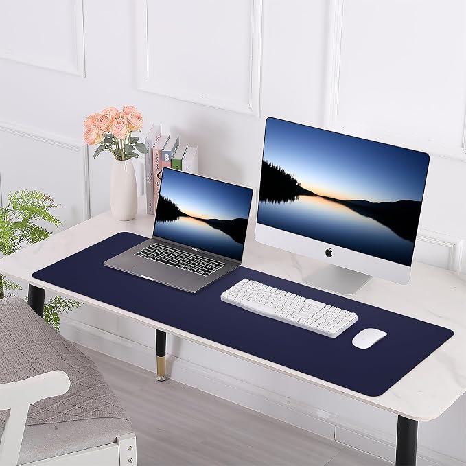 AFIING Cork Desk Mat 47" x 23.6", Dual-Sided Natural Cork & PU Leather Desk Pad, Non-Slip Waterproof Large Mouse Pad for Office, Home & Gaming (Blue)