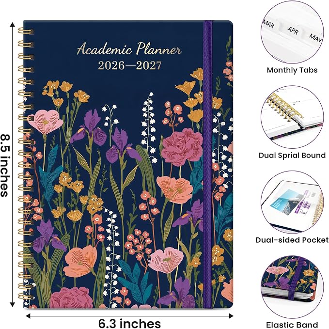 Planner 2026–2027, Academic Planner Weekly and Monthly Calendar Jul 2026 – Jun 2027 Hardcover Planner with Tabs and Pocket, Spiral Bound Agenda Book for Student & Teacher, 6.3" x 8.5", Ink Blossoms