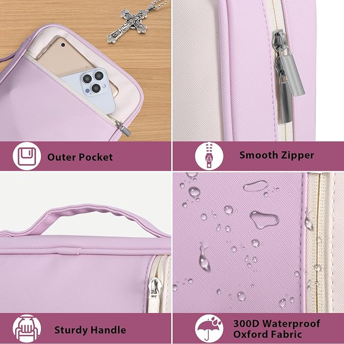 GERMUN Bible Cover with Durable Handle, Carrying Book Case Church Bag Bible, Protective with Zippered Pocket, Bible Accessories Supplies, Book Protector for Book Lovers, WhitPurple