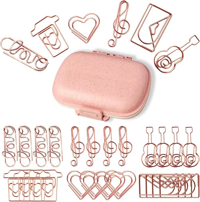 30Pcs Adorable Rose Gold Fancy Paper Clips Set, Cute Shaped Metal Clips with Travelers Accessories for Planner & Journal Supplies, Creative Decorative Bookmarks for Office School Home Organization