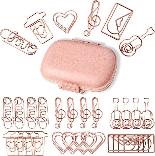 30Pcs Adorable Rose Gold Fancy Paper Clips Set, Cute Shaped Metal Clips with Travelers Accessories for Planner & Journal Supplies, Creative Decorative Bookmarks for Office School Home Organization