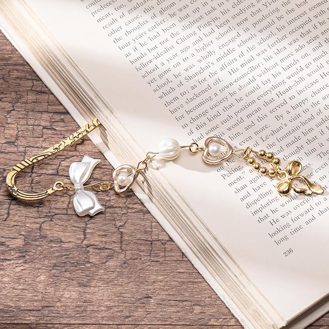 Cute Bow Metal Bookmark - Charm Bookmarks Gifts Reading Lover Women Girls Unique Aesthetic Y2k Beads Pearl Star Page Marker Readers Birthday Students Teachers School Graduation Accessories