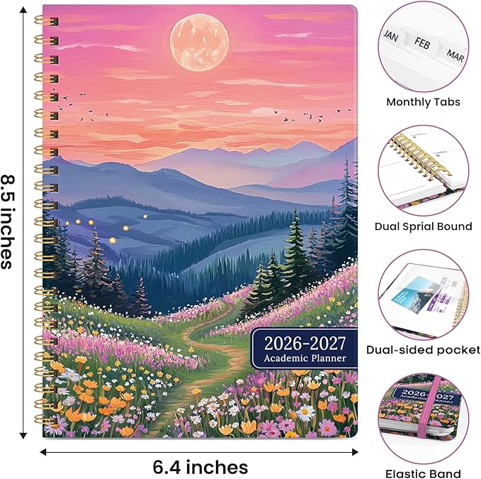 Academic Planner 2026-2027, Weekly and Monthly Calendar Book, July 2026 – June 2027, Hardcover Planner with Tabs, Perfect for Teachers, Students, Women & Men, A5 (6.4" x 8.5") - Hills