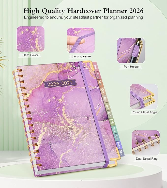 Academic Planner 2026-2027, Hardcover Weekly and Monthly Calendar Planner from July 2026 - June 2027, Daily Agenda Planners with Tabs, College School Organizer for Student Teacher, A5 (6.1" x 8.2"), Purple Marble