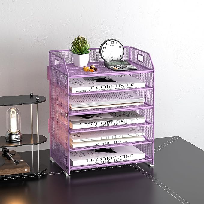 6 Trays Paper Organizer Letter Tray with Pull-Out Drawer, Assembled Mesh Desk File Holder, Metal Paper Sorter for Office Documents, Purple