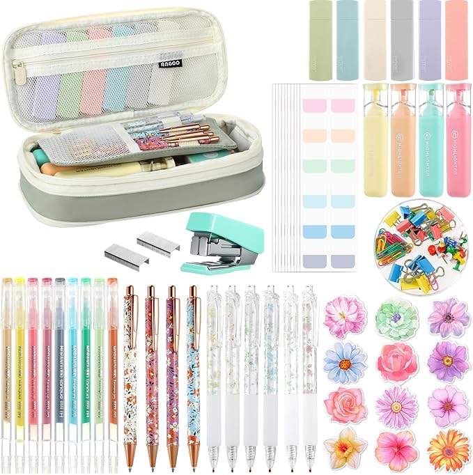 Eersida 58 Pcs Aesthetic Office Supplies Christmas Gifts with Large Pencil Pouch Ink Gel Pens Highlighters Sticky Notes Color Pens Stapler Stationary Set