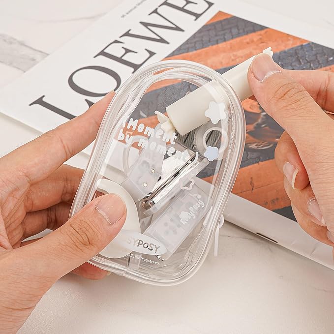 7-Piece Clear Desk Organizer Set - with Stapler, Hole Punch, Tape Dispenser, Scissors & Highlighters, Transparent Office Supplies Kit for Home Office, School & Workspace