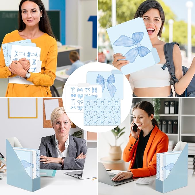 Xqumoi 12Pcs Coquette Blue Bow File Folders, Letter Size Bowknot Decorative File Pockets with 1/3 Cut Tab Pretty Colored Folders for Office Home Classroom Supplies Documents Paper, 8.9 x 11.6 Inch
