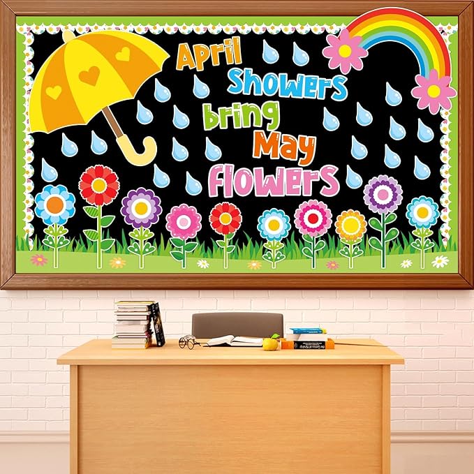 Spring Bulletin Board Decorations April Showers Bring May Flowers Bulletin Board Decorations Set Colorful Flower Umbrella Rainbow Paper Cutouts for School Classroom Whiteboard Home Party Decor Supplie