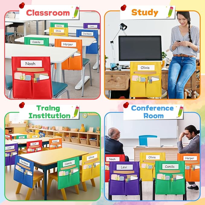 gisgfim 12 Pcs Chair Pockets for Classroom 19 x 17 inch Seat Sacks for Classroom Chairback Pocket Chart 3 Pockets Chairs Seat Back Organizer with Name Tag for School Home Classroom Supplies(Colorful)