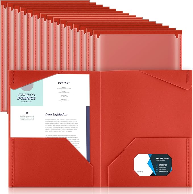 Henoyso 36 Pack Red Plastic Folders with Clear Front Pockets Heavy Duty File Folders with 2 Pockets and Card Slot for Student Communication School Office Presentation Report