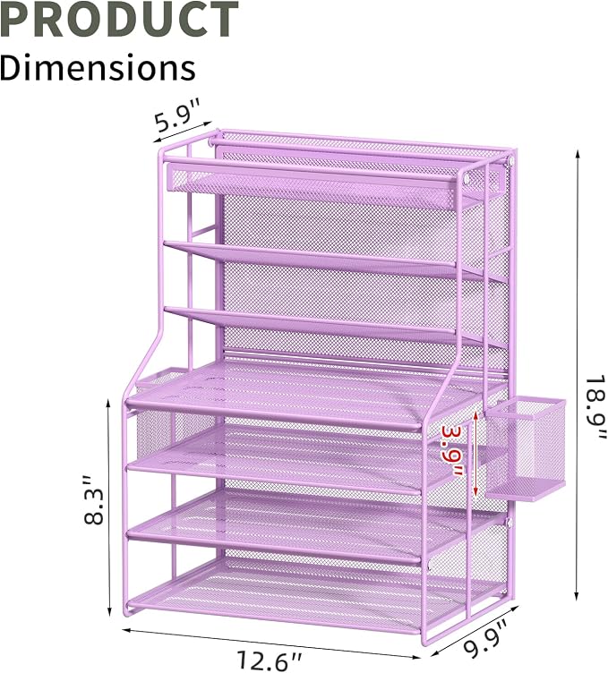 Purple 7 Tier Desktop File Organizer, Letter Tray Paper Organizer with Pen Holder and Metal Hanging Basket, Vertical Desk File Holder for Home Office Organization
