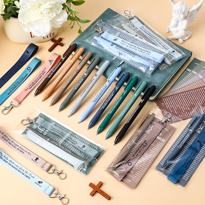 Sinload 50 Set Christian Gift Bulk Bible Emergency Numbers Bookmark with Silicone Keychains Scripture Quote Pen Religious Study Supplies for Father Day Church Bible Study Group (Boho Color)