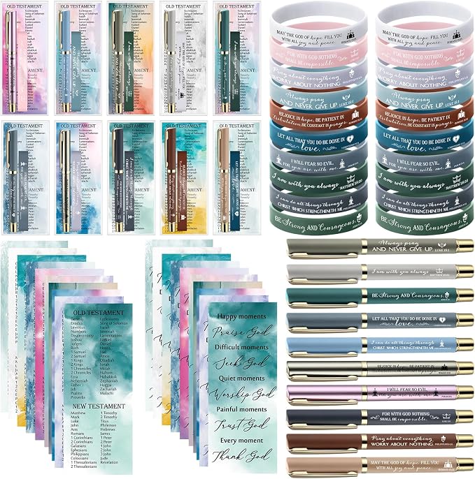 Gueevin 40 Sets Christian Gifts Bulk for Father Religious Faith Bookmarks Bible Verse Gel Pen Bible Scripture Silicone Bracelet for Men Women Church Basket Stuffers(Color,Watercolor)