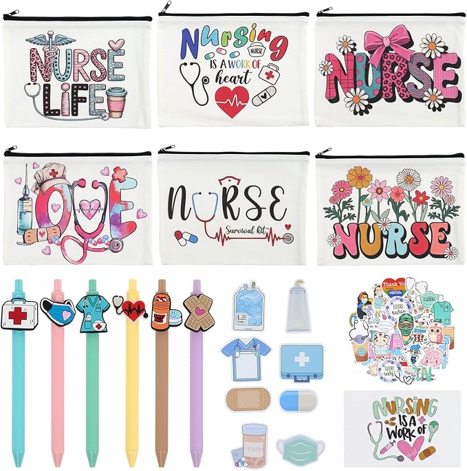 6 Pack Nurse Appreciation Gifts Bulk 2026, Nurses Week Gifts Bulk with Makeup Bag Pen Stickers Sticky Notes, Nurse Essentials Kit for Women RN CNA, School Nurses Graduation Gifts, Hospital Staff