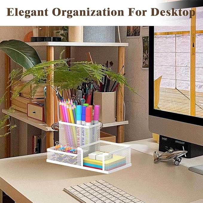 WHITE 3 Compartment Metal Mesh Desk Organizer