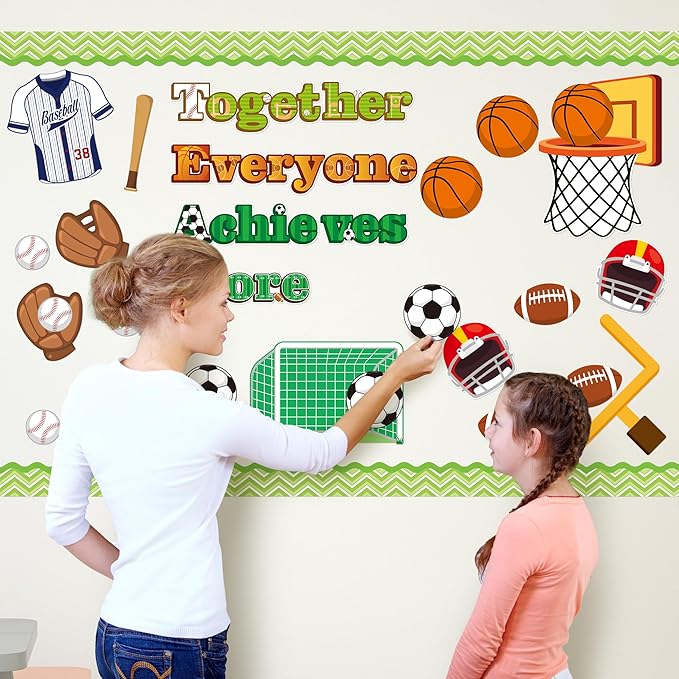 77Pcs Team Spirit Sport Bulletin Board Decoration Back to School Set Together Everyone Achieves More Basketball Football Cutouts Name Tags Motivational School Chalkboard Wall Door Supplies