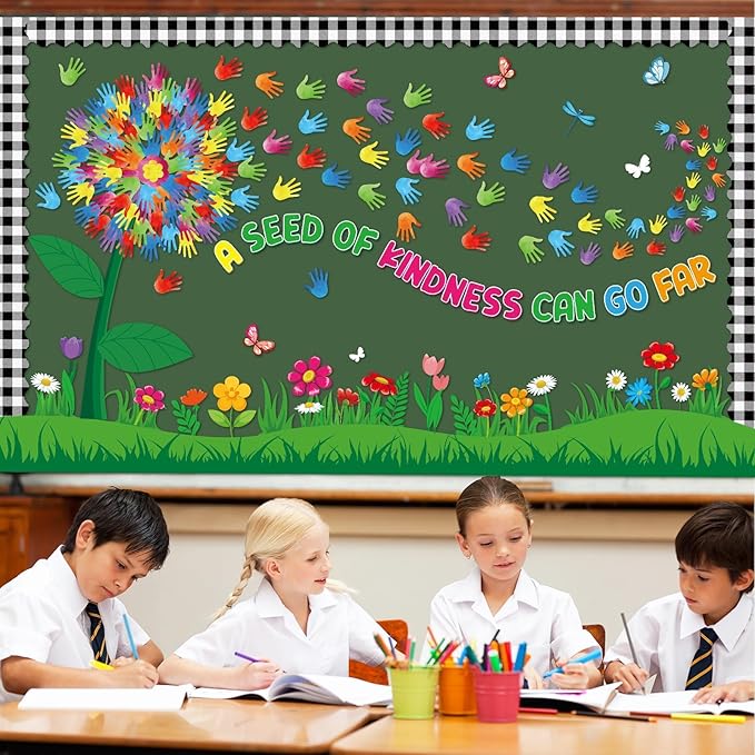 Kindness Bulletin Board Sets Classroom Kind Bulletin Board Decorations for Back to School Eucalyptus Handprint Dandelion Plant Kindness Paper Cutouts for Office Home Chalkboard Door Wall Supplies