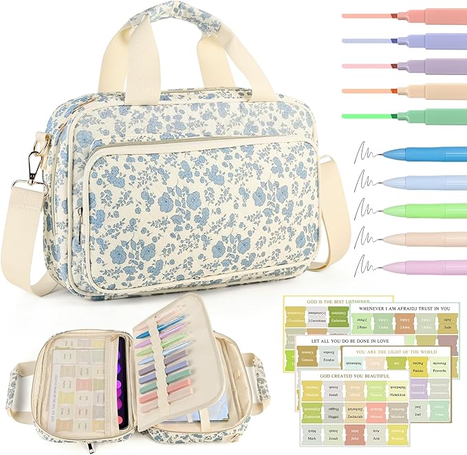 Bible Cover Case for Women, Large Quilted Bible Bag with Bible Study Supplies 5*Sticker & 5*Highlighter & 5*Pen, Stylish Church Bag Journaling Kit, Mothers Day Christian Gifts (Blue Floral)