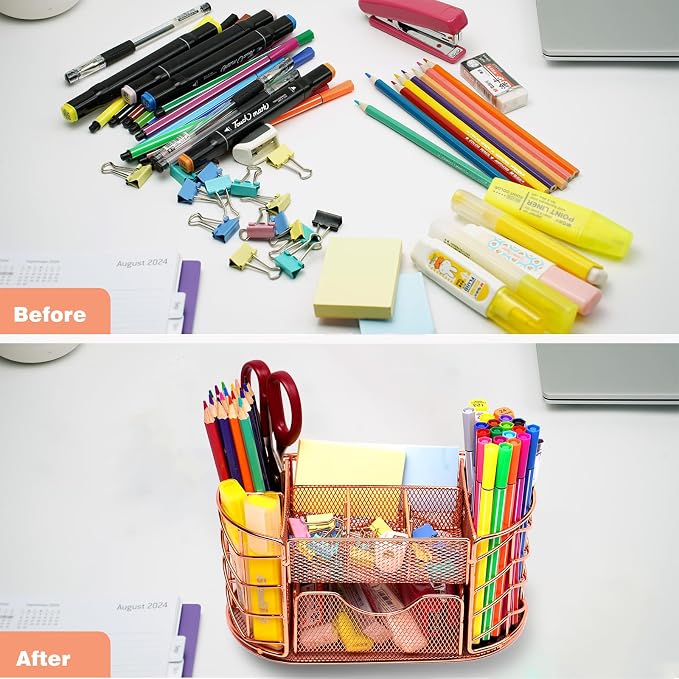 Desk Organizer, Pen Holder for Desk, Metal Pencil Caddy Storage for Desktop Office Supplies (Rose Gold)