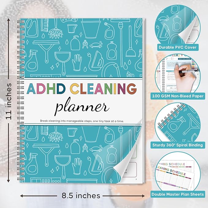 ADHD Cleaning Planner for Adults - Blue Cover Edition. Undated Daily Weekly Monthly Quarterly Yearly Chore Tracker Checklist. Wipe-Clean PVC Spiral Notebook for Home Management & Family Routine Tasks