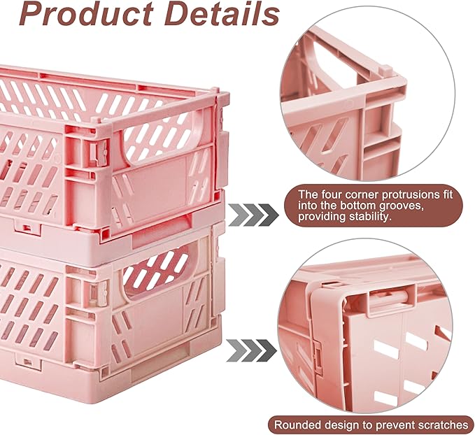 6 Pack Mini Foldable Small Plastic Baskets for Organizing and Storage，Collapsible Storage Crates,Mini Bins for Home Kitchen Bedroom Bathroom Office (Pink, Small 6x4x2.2)