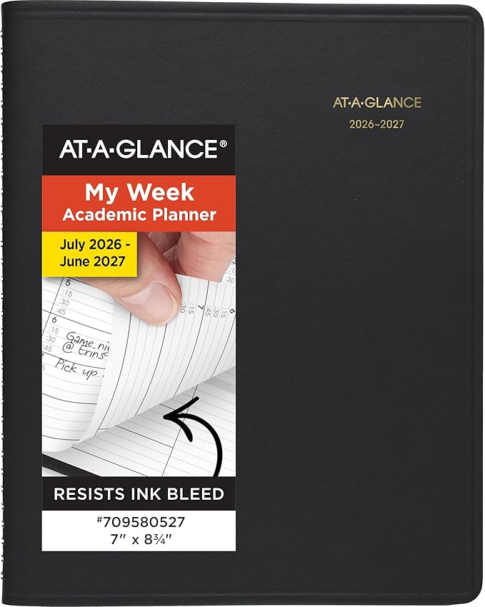 AT-A-GLANCE Planner 2026-2027 Weekly Academic 14-Month July-August, Quarter-Hourly Appointment Book, 7" x 8-3/4", Black (7095805)