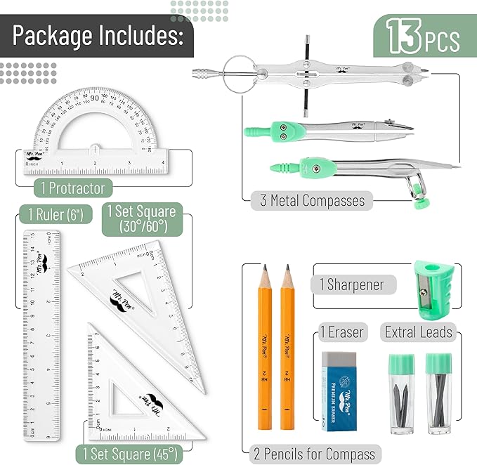 Mr. Pen- Geometry Set, 13 pcs, 3 Metal Compasses, Protractor, 6" Ruler, 45° & 30°/60° Set Squares, Pencils, Lead Refills, Sharpener & Eraser for Math, Drafting & Classroom Use