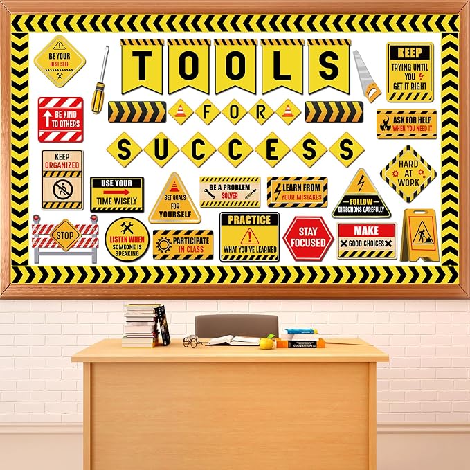 gisgfim Construction Bulletin Board Decorations Tools for Success Classroom Positive Saying Paper Cutouts Motivational Sign Bulletin Board Set for Teacher Student Welcome Back to School Decor Supplies