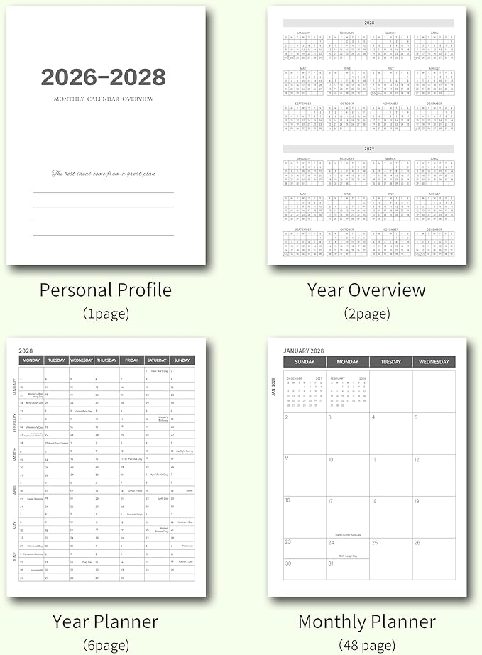 Monthly Planner 2026-2028, 2026-2028 Calendar 36 Months, 8.5" x 11", Jan 2026- Dec 2028,Metal corner protectors with Spiral Bound, 3 Years Academic Planner Perfect for School & Office for Women & Men