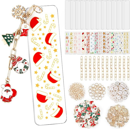 245PCS Acrylic Bookmark Blanks(2mm) Thicken 12 DIY Bookmark Making 15 Christmas UV DTF Sticker 76 Christmas Charms 12 Extender Chains and 130 Jump Ring Suitable for DIY Crafts Gifts