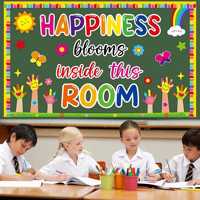 gisgfim Motivational Handprint Bulletin Board Decorations Welcome Back to School Paper Cutouts Happiness Blooms in This Room Classroom Colorful Rainbow Flower Bulletin Board Decor for Chalkboard Wall