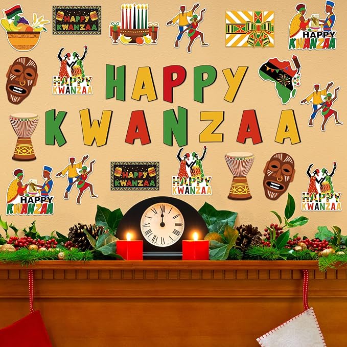 68 Pcs Kwanzaa Classroom Bulletin Border Decoration - Happy Kwanzaa Cutouts, Traditional African Giant Drum Mask Flag Map, Giant Candlestick Cutouts for School Chalkboard, Party Wall