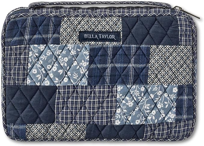 Bella Taylor Small Bible Cover for Women, Quilted Cotton Fabric Bible Case for 6 x 9 inch Bibles, Heritage Blue Patch
