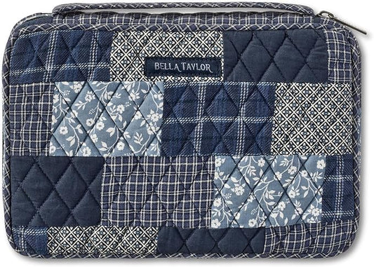 Bella Taylor Small Bible Cover for Women, Quilted Cotton Fabric Bible Case for 6 x 9 inch Bibles, Heritage Blue Patch