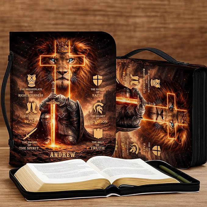 Personalized Man of God Bible Cover for Men, Christian PU Leather Bible Case with Handle Zipper, God Says I Am Warrior Scripture Bible Holder, Religious Gift for Men (Warrior Lion)