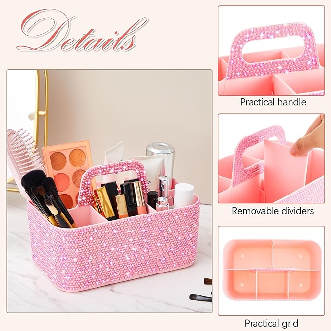 Marspark Bling Makeup Caddy Organizer with Handle, Sparkly Art Craft Holder, Glitter Bathroom Hair Caddy, Shimmer Pen Pencil Holder for Women Desk Organizer, Bling Gifts for Women(Pink,AB Diamond)