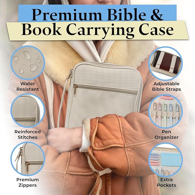 S.F. Creations Premium Bible & Book Carrying Case with Journaling Accessories - Convenient for Men, Women, Teens, and Kids, Ivory