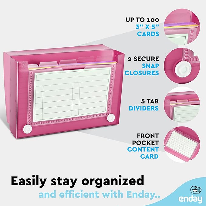 Enday Index Card Holder Pink, 3x5 Note Flash Card Organizer Case, File Box with 5 Dividers, Notecard Box Holds 100 Cards, Also Available in Red, Purple, Green, Blue, Grey, 1 Pack