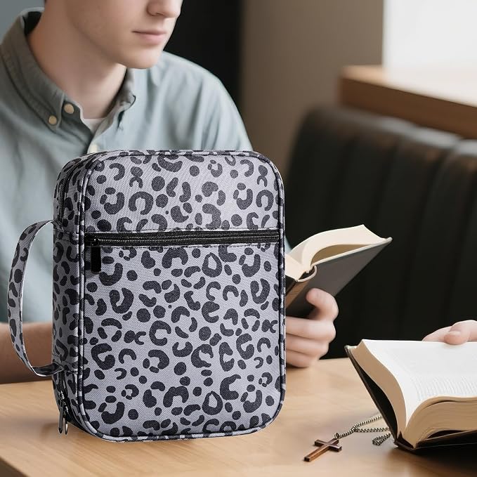 Bible Cover for Men Bible Book Cover Canvas Carrying Case Book Protector Case Large Bible Cover with Durable Handle Bible Study Supplies Accessories Christian Gifts (Black Leopard, Large)