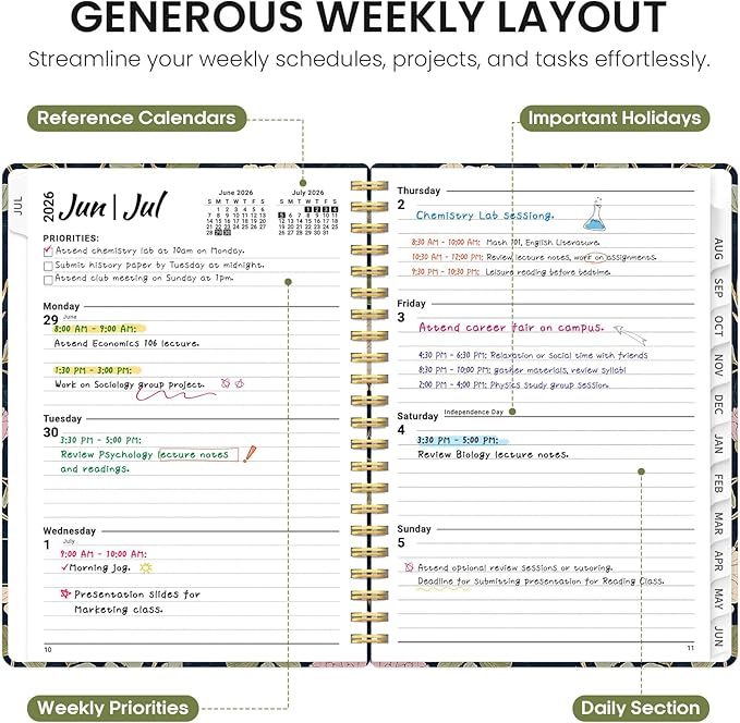 Planner 2026-2027, Academic Year Weekly and Monthly Calender Planner, from Jul 2026 - Jun 2027, Spiral Bound School Planning Book, Perfect for Teacher, Student, Women & Men, A5 (6.3" x 8.5"), Blush Vines