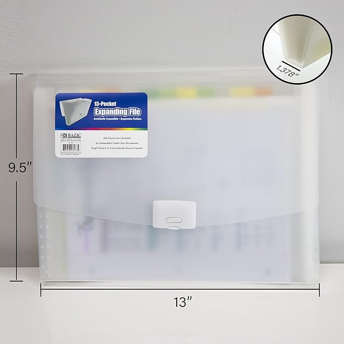 BAZIC Products Translucent 13-Pocket Letter Size Poly Expanding File