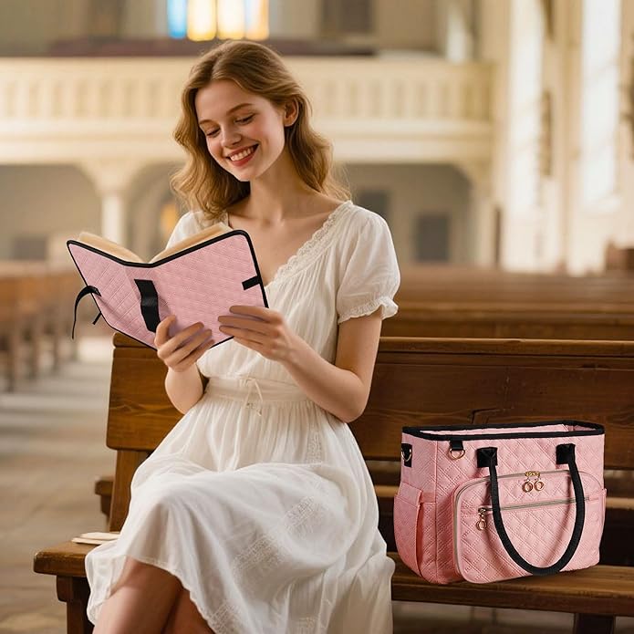 Large Bible Bag with Bible Cover Case for Women, Quilted Church Tote Bags for Bible Study Supplies, Christian Gifts for Women
